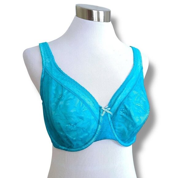 Cacique 42C Bra Teal Blue Unlined Full Figure Coverage Underwire Floral Lace - Picture 1 of 7
